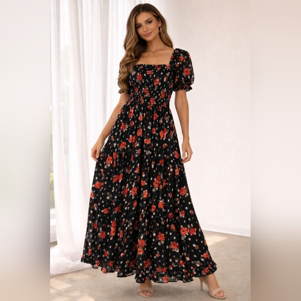 Ivy City Co Black Floral Maxi Dress Puff Sleeve Romantic Dress XS